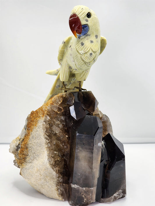 Yellow Jasper Parrot on Smokey Quartz Cluster Base Large 6Lbs Free Shipping!