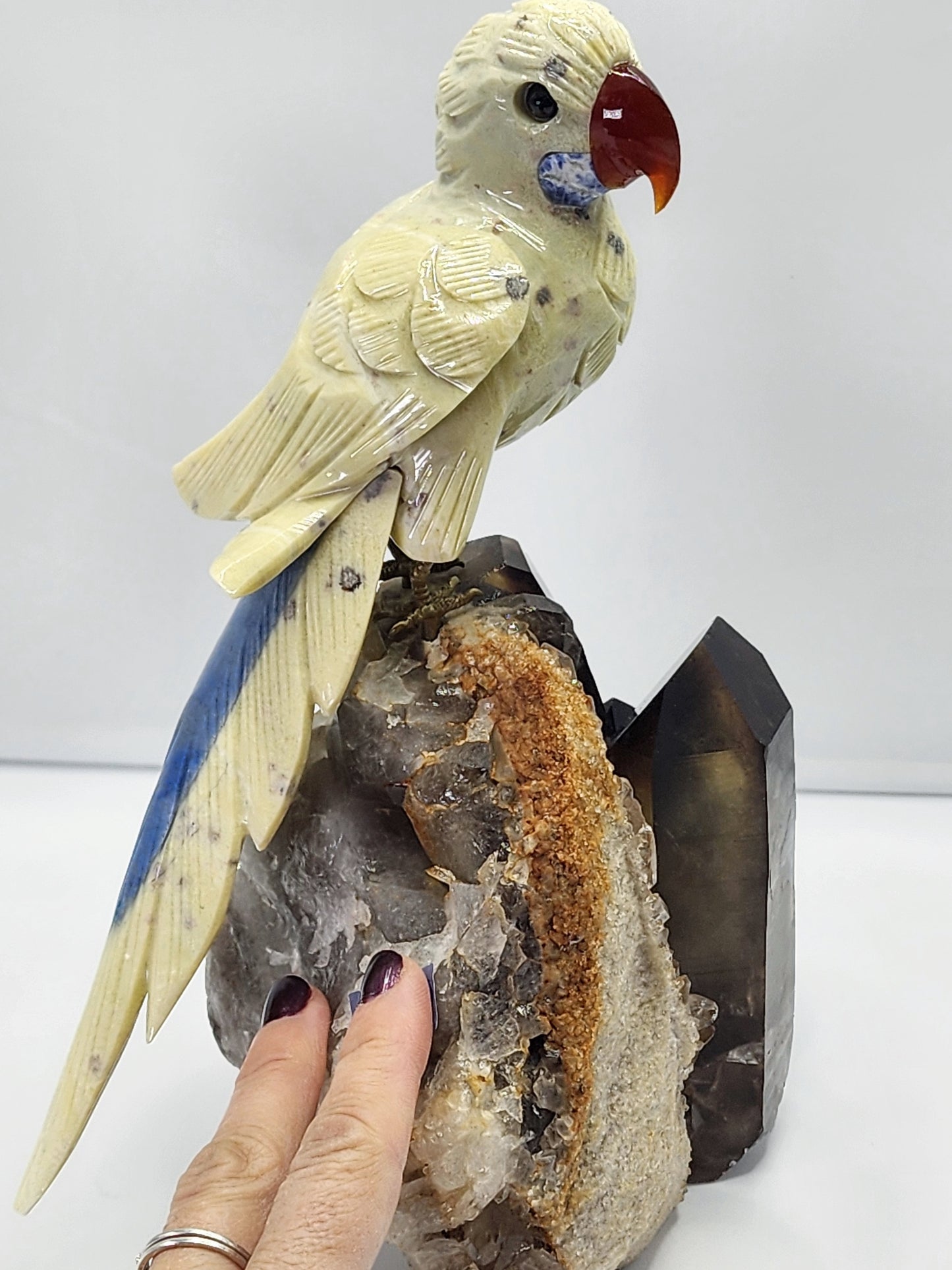 Yellow Jasper Parrot on Smokey Quartz Cluster Base Large 6Lbs Free Shipping!