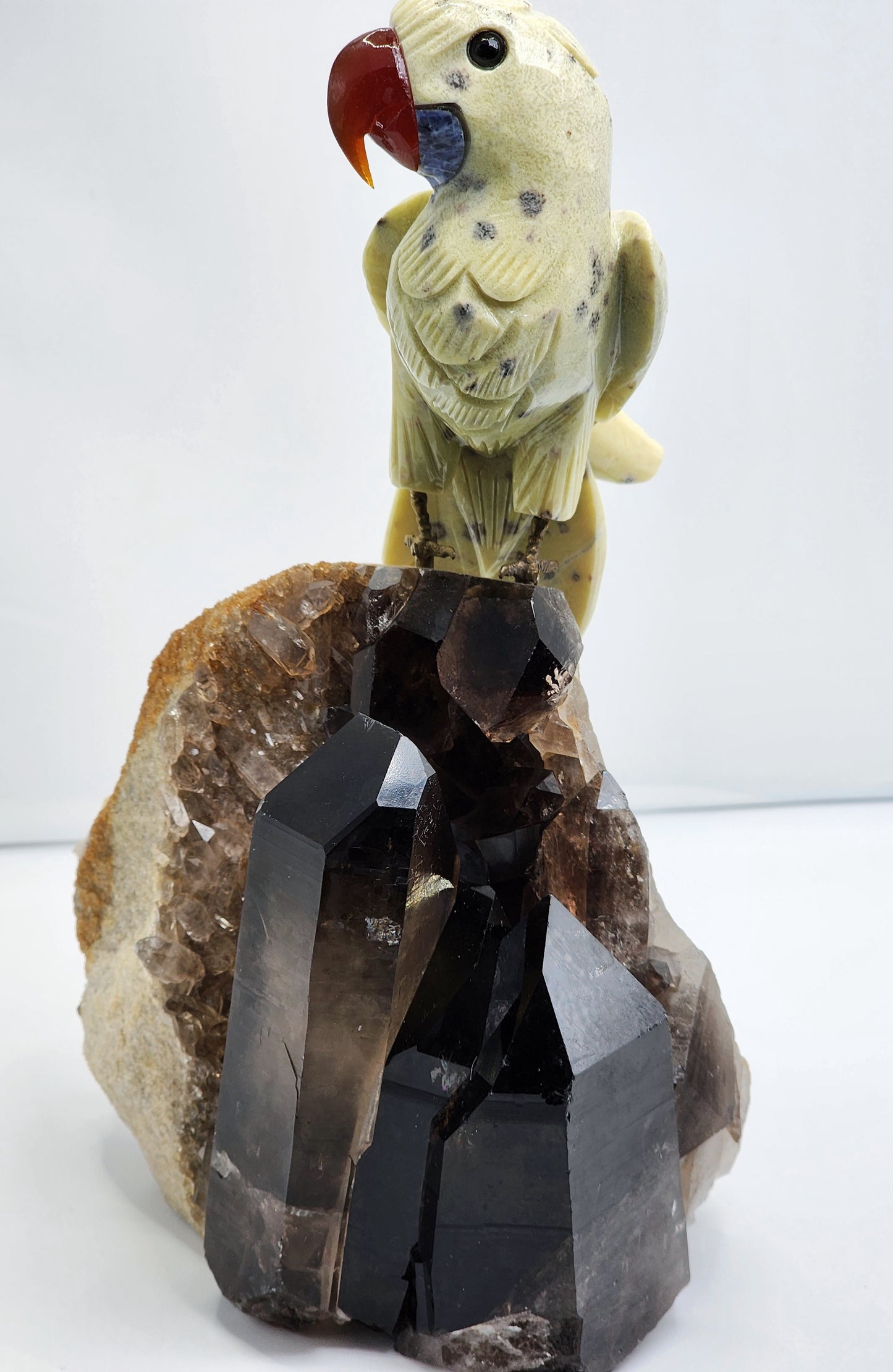 Yellow Jasper Parrot on Smokey Quartz Cluster Base Large 6Lbs Free Shipping!