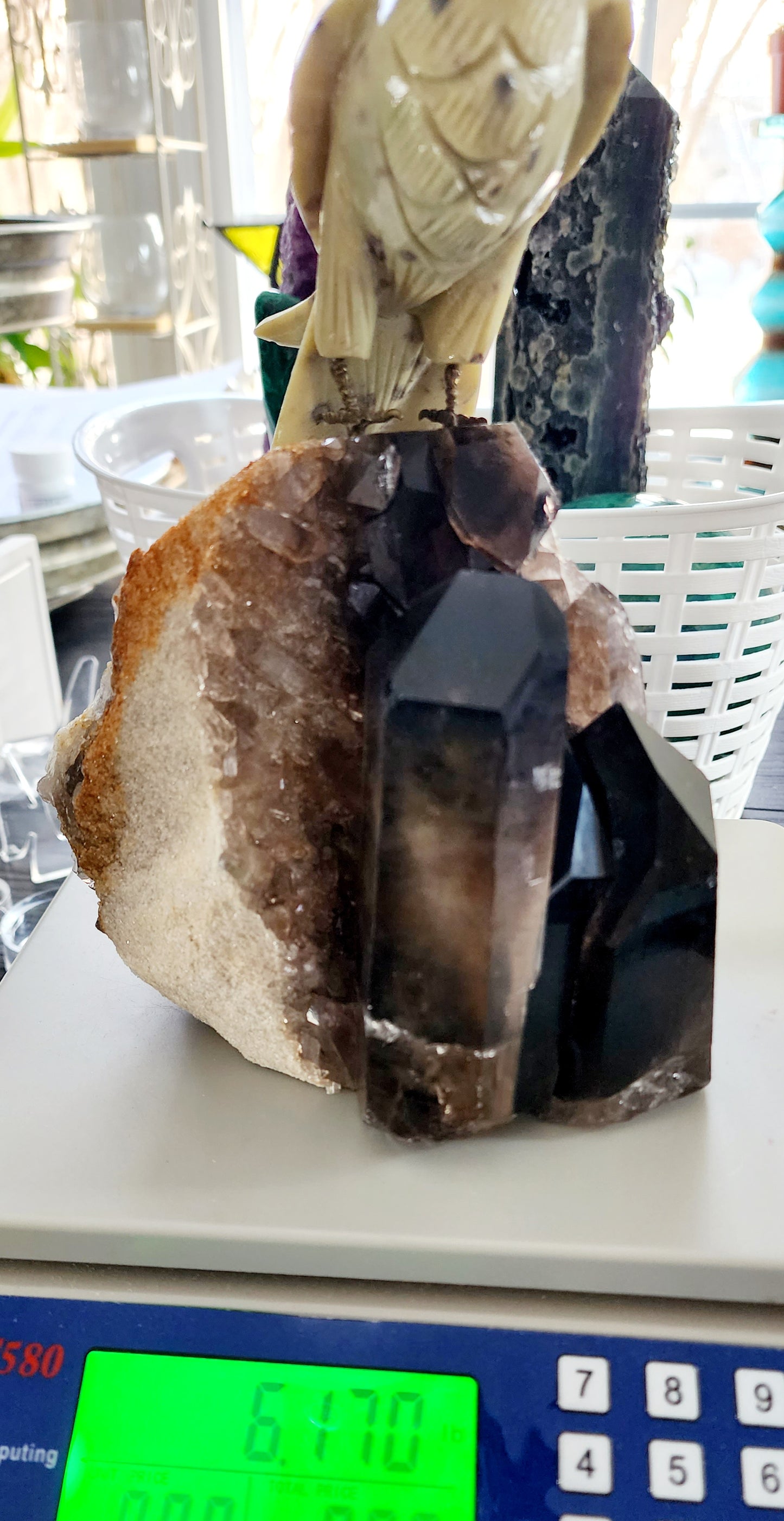 Yellow Jasper Parrot on Smokey Quartz Cluster Base Large 6Lbs Free Shipping!