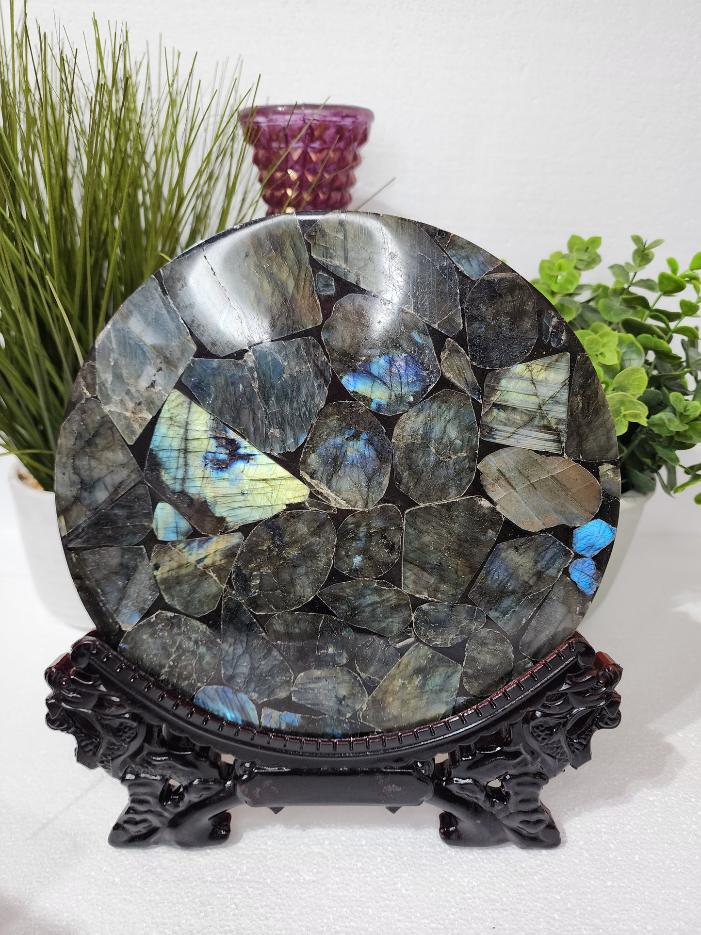 Large Round Labradorite Plate/Slab With Stand
