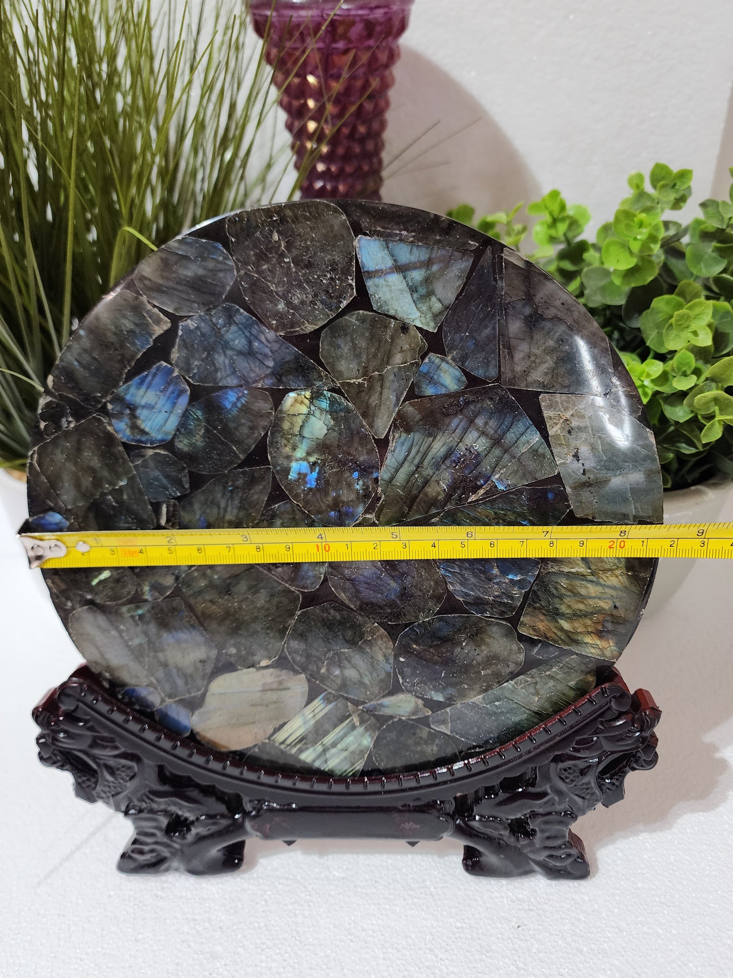 Large Round Labradorite Plate/Slab With Stand