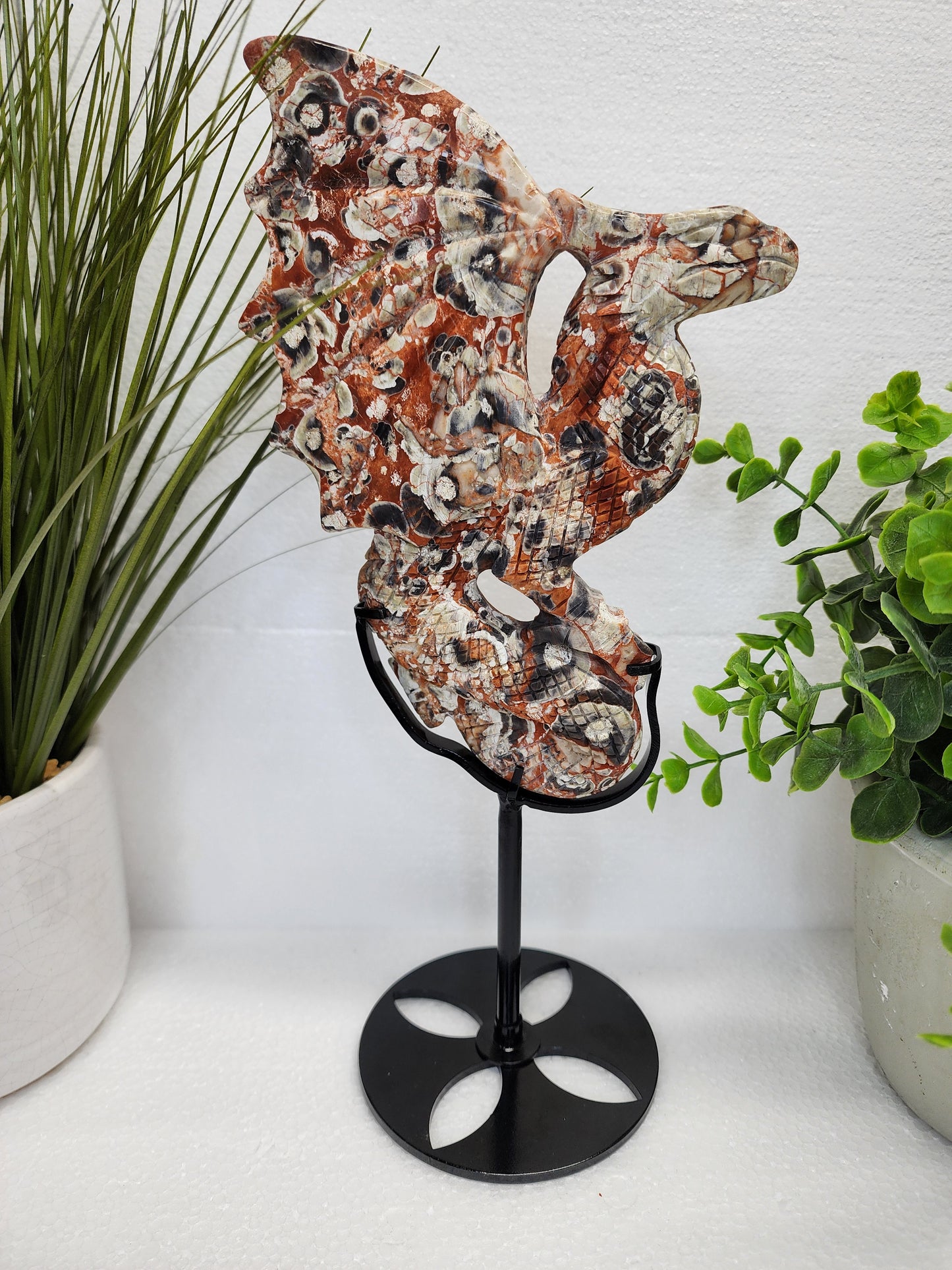 Large Money Agate Dragon Carving on Stand