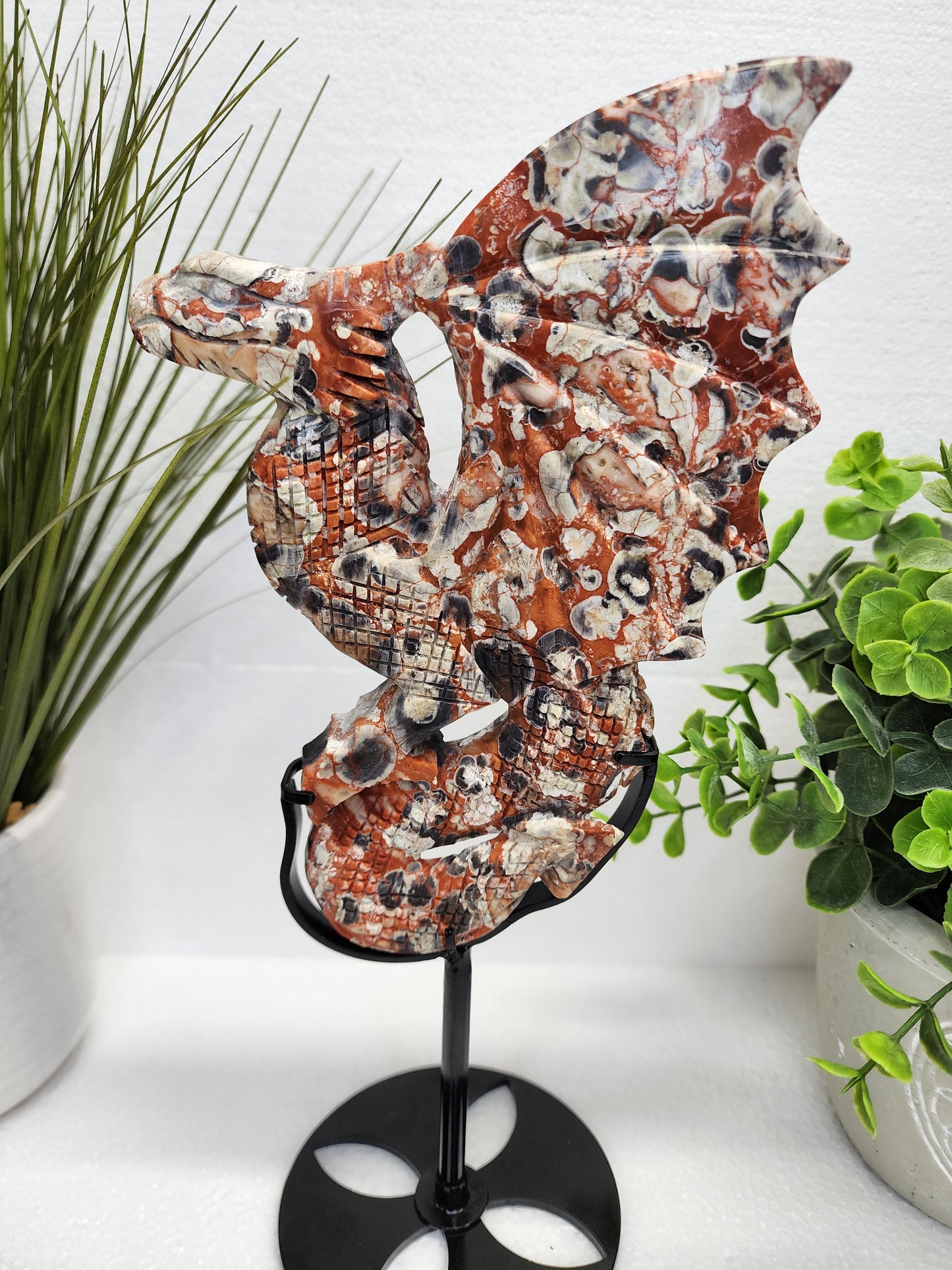 Large Money Agate Dragon Carving on Stand