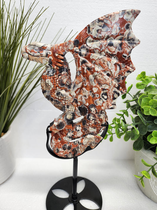Large Money Agate Dragon Carving on Stand