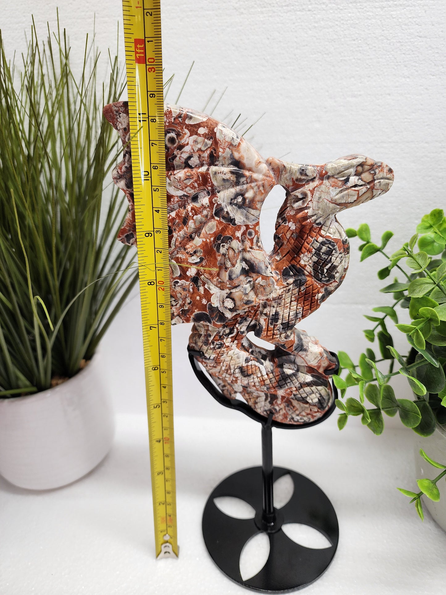 Large Money Agate Dragon Carving on Stand