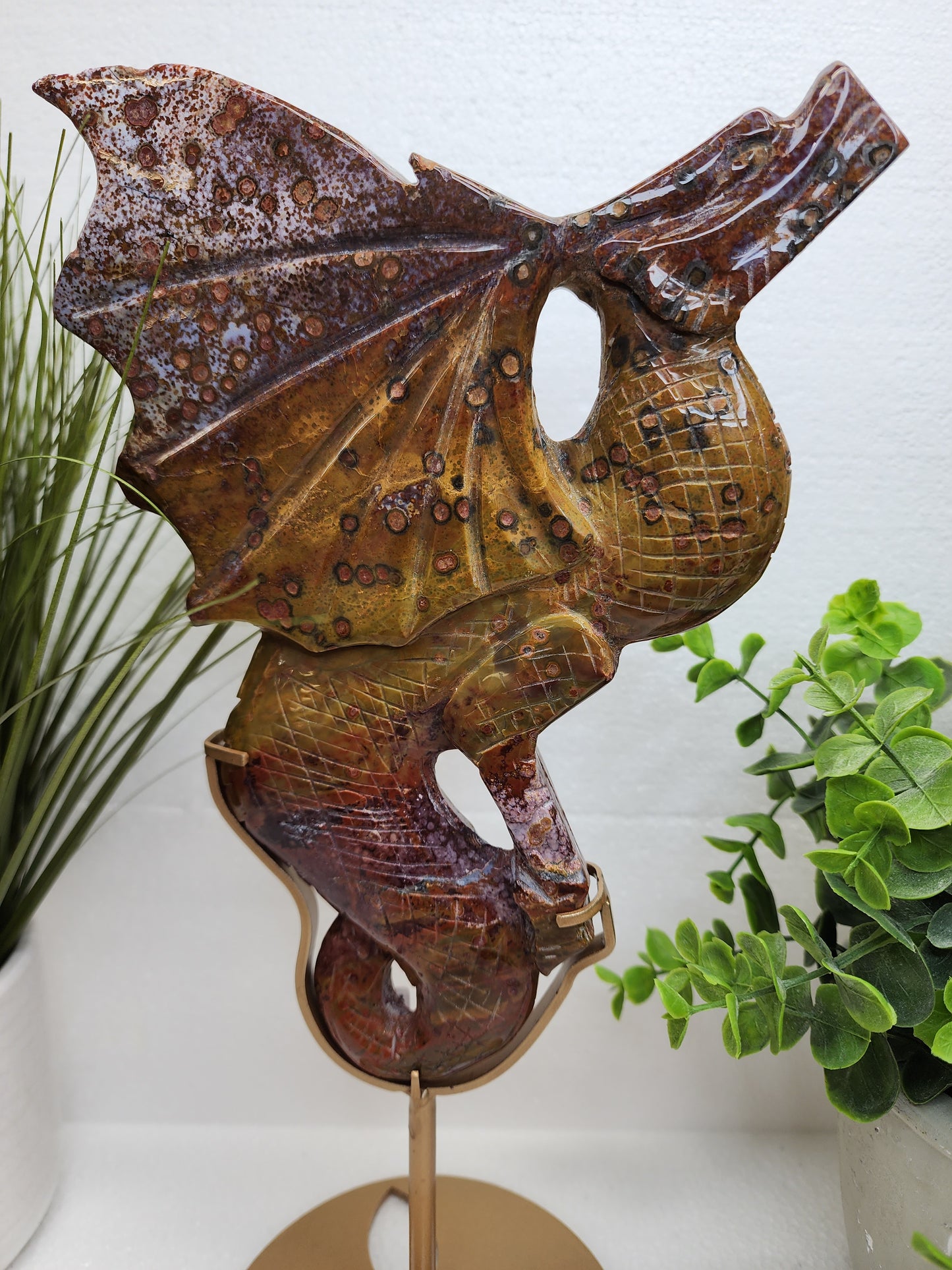 Large Ocean Jasper 8th Vein Dragon Carving on Stand