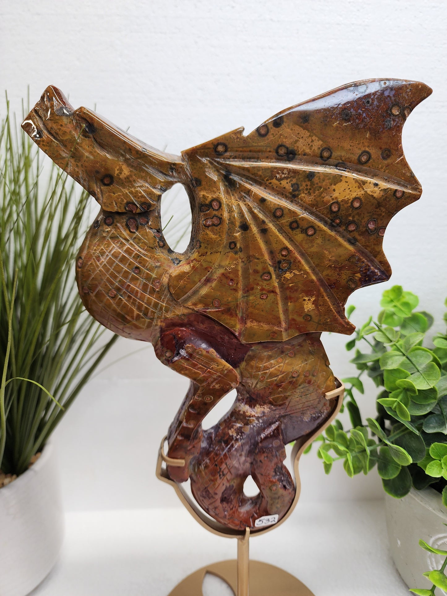 Large Ocean Jasper 8th Vein Dragon Carving on Stand