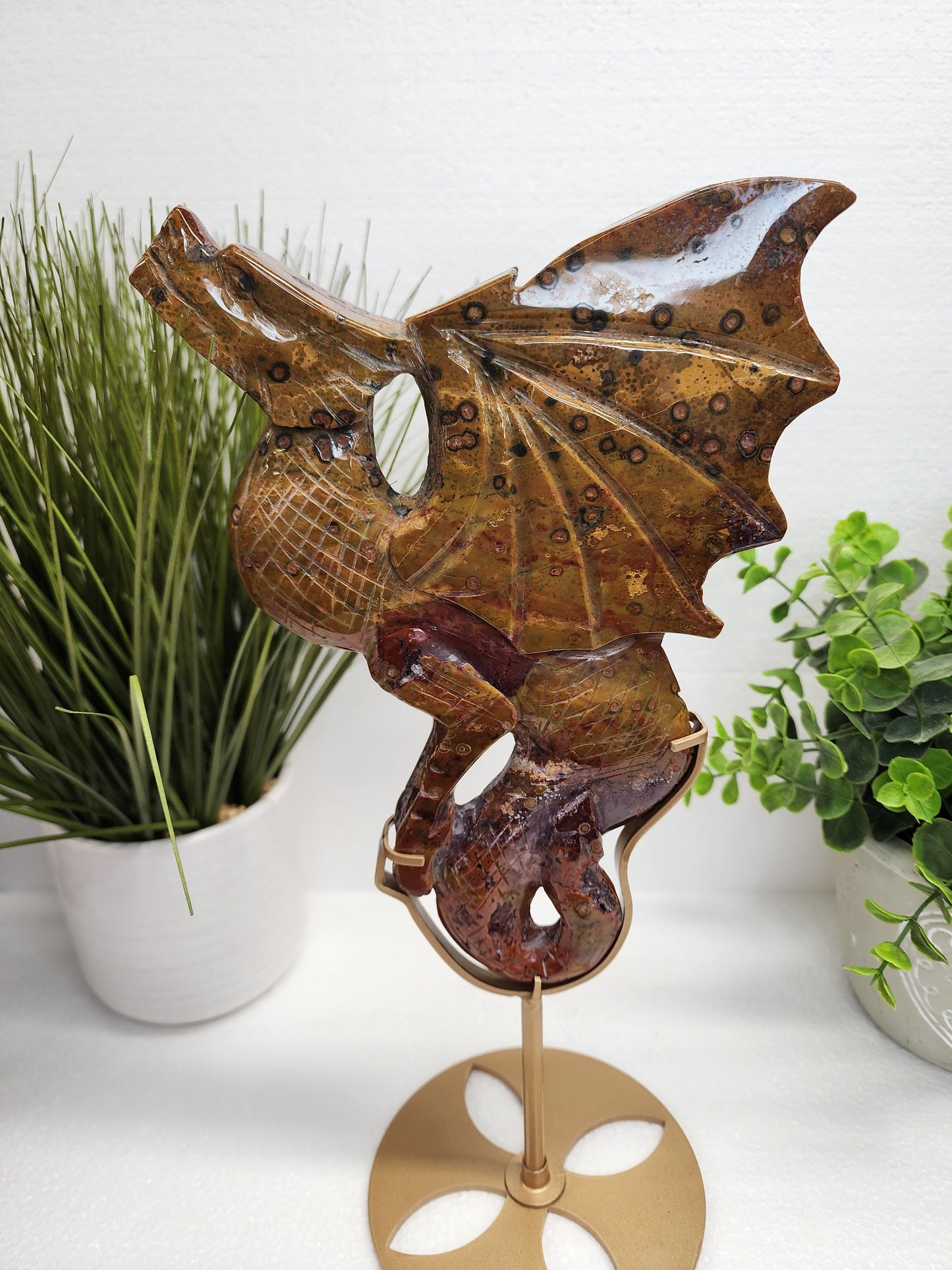 Large Ocean Jasper 8th Vein Dragon Carving on Stand