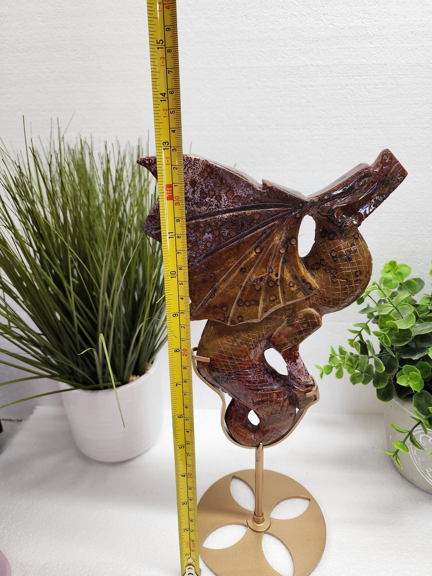 Large Ocean Jasper 8th Vein Dragon Carving on Stand