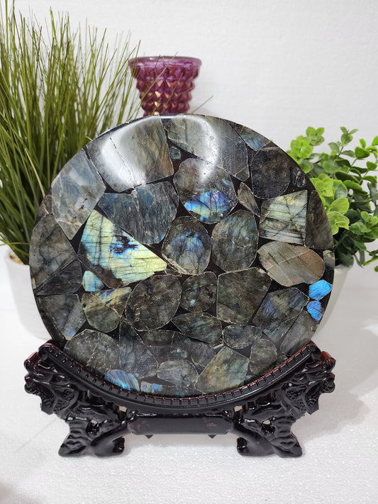 Large Round Labradorite Plate/Slab With Stand